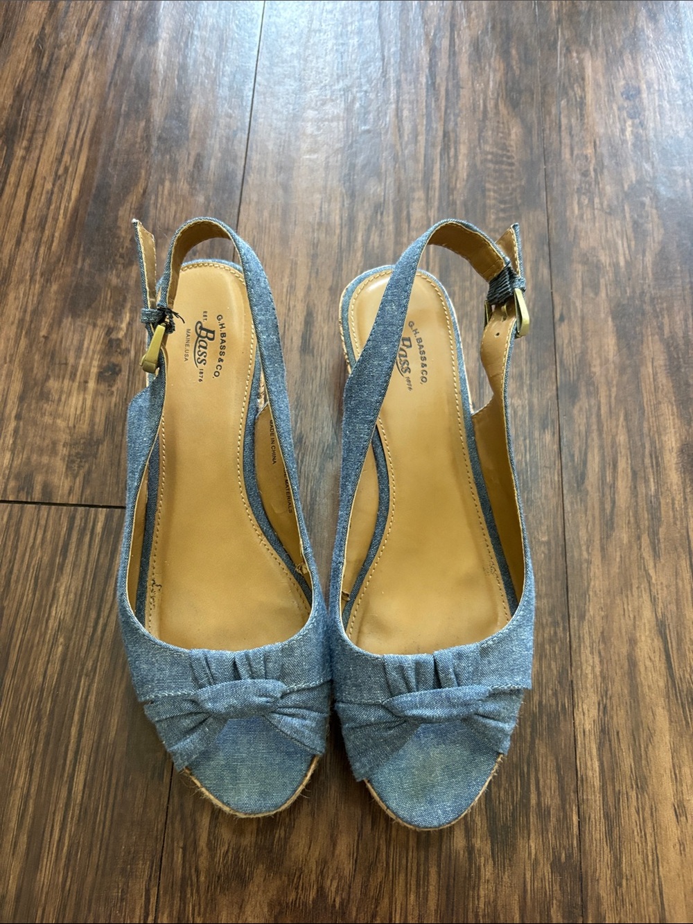 Bass Denim Blue Slingback Peep-Toe Wedges